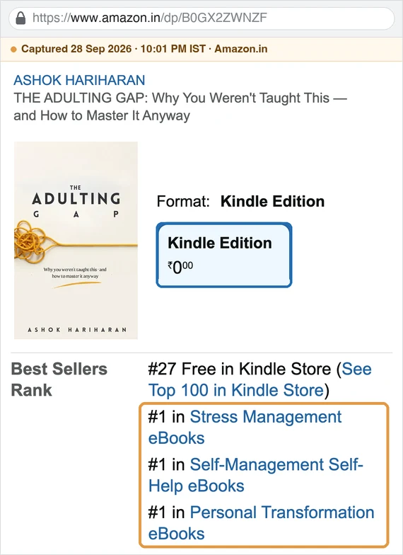 Amazon.in screenshot, 28 Sep 2026: #27 Free in Kindle Store and #1 in three categories