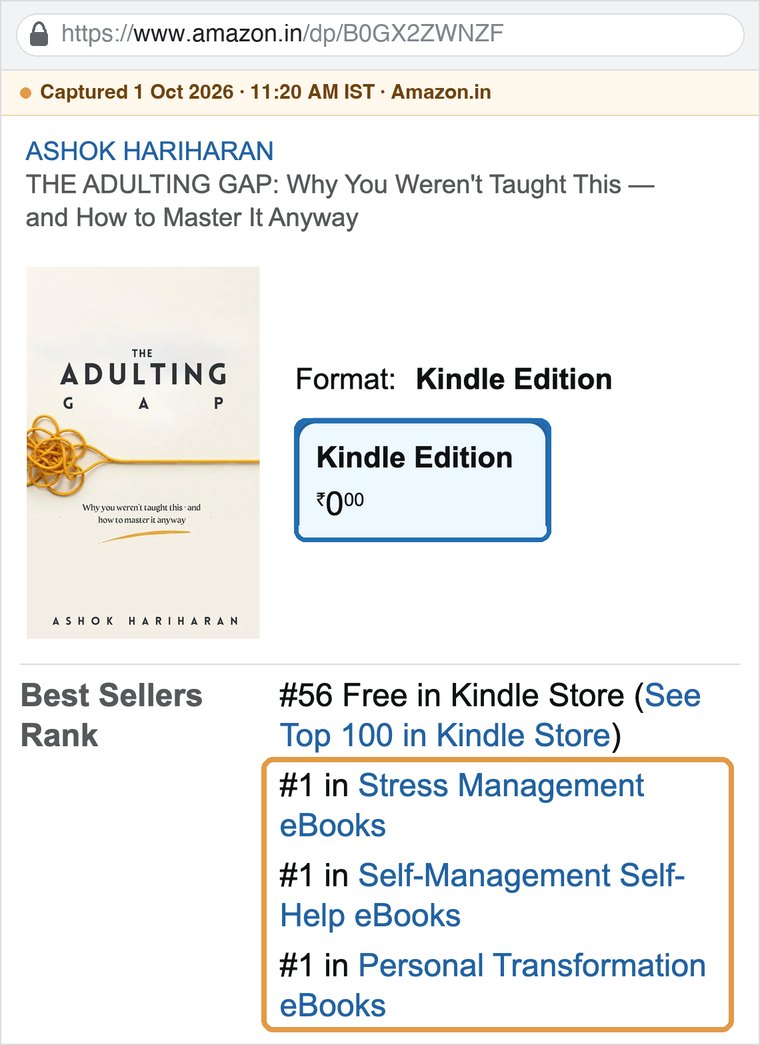 Screenshot of www.amazon.in/dp/B0GX2ZWNZF, captured 1 Oct 2026 at 11:20 AM IST, the last morning of the free week: Kindle edition at 0 rupees, #56 Free in Kindle Store, and still #1 in Stress Management, Self-Management Self-Help and Personal Transformation eBooks.